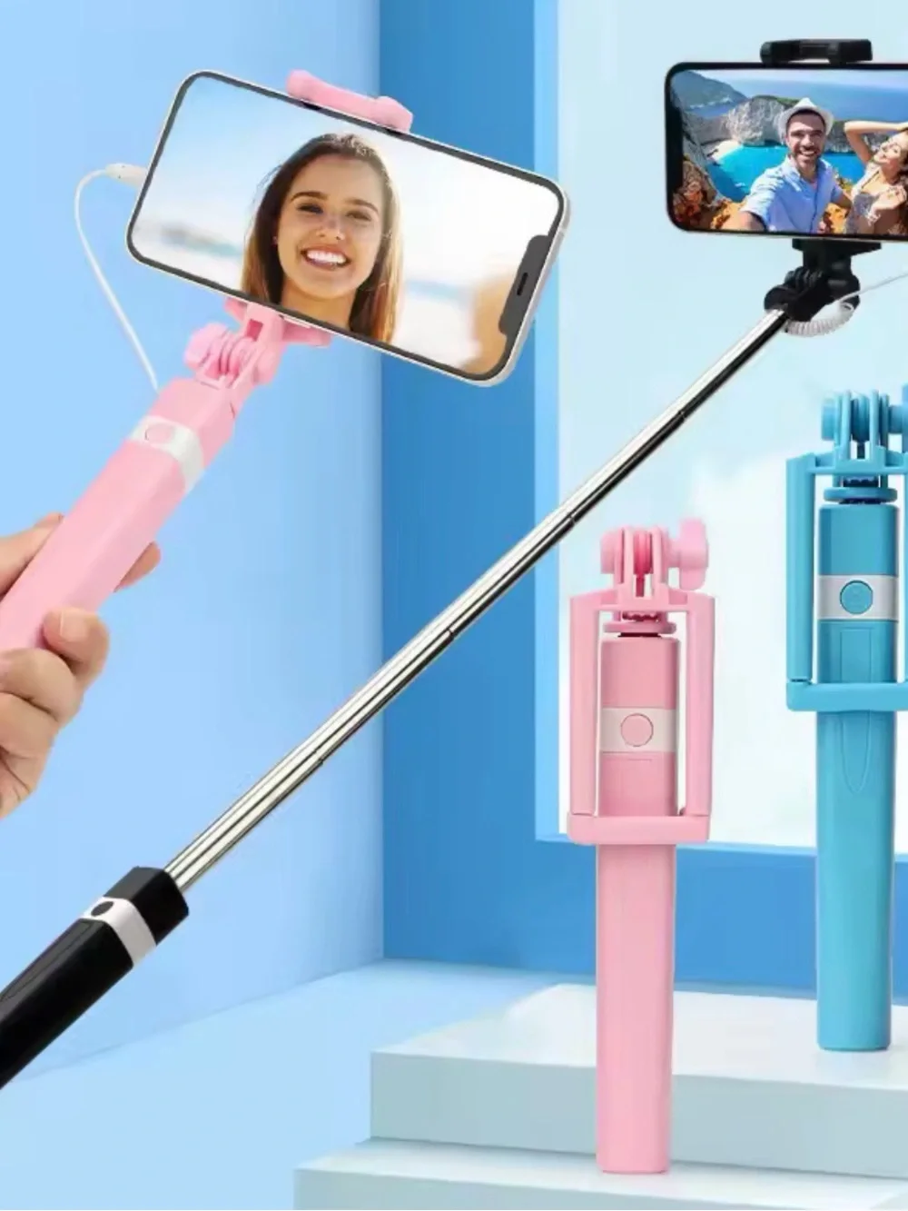 iPhone Blue Compact Selfie Stick with Wired Shutter